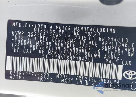 2021 Toyota Corolla Le из США, поврежденный, VIN 5YFEPMAE6MP184794